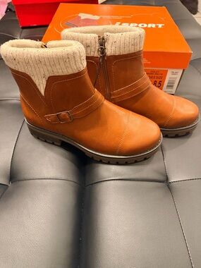 J Sport Violet Brown Ankle Bootie Zip Buckle Knit Cuff Memory Foam Women's 8.5
